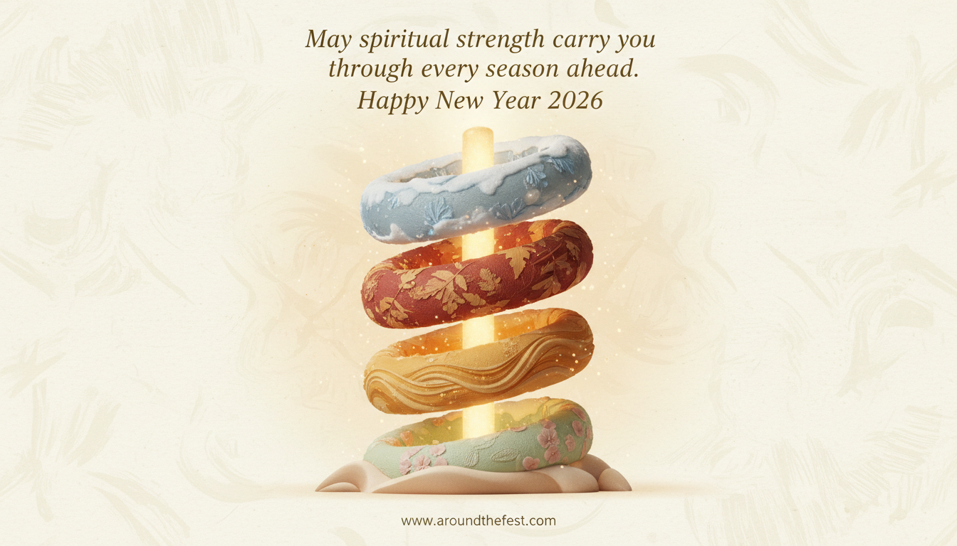 Minimalist illustration Happy New Year Wishes 2026 with layered circular forms and a steady central glow, symbolizing spiritual strength carrying through all seasons.