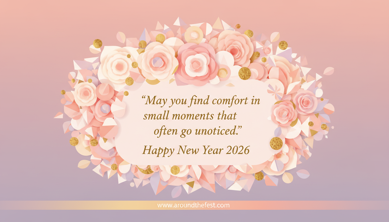 Floral Happy New Year Wishes 2026 wish image with layered blooming flowers, soft petals in motion, elegant quote about comfort in small moments, and calm aesthetic design
