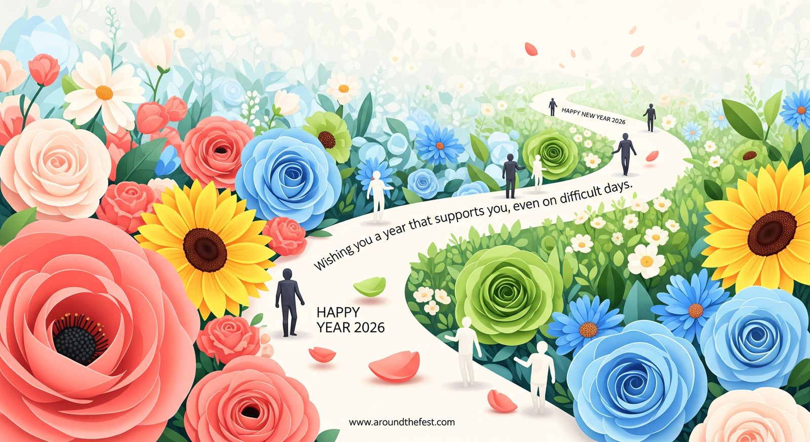 Decorative floral Happy New Year Wishes 2026 illustration showing a winding path surrounded by blooming flowers, gentle human silhouettes, and an uplifting quote about support during difficult days