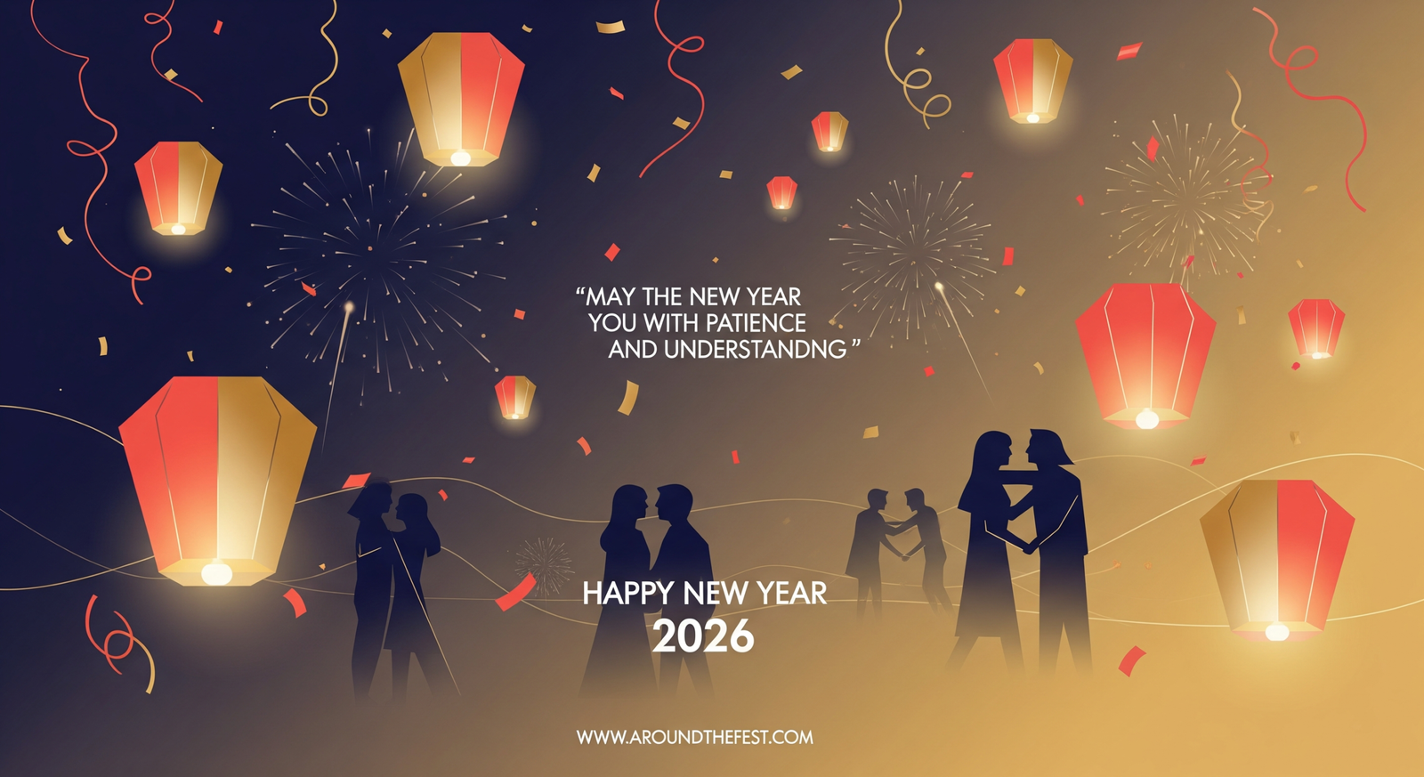 Happy New Year Wishes 2026 celebration illustration with lanterns, soft fireworks, people celebrating together, and an uplifting quote about patience and understanding