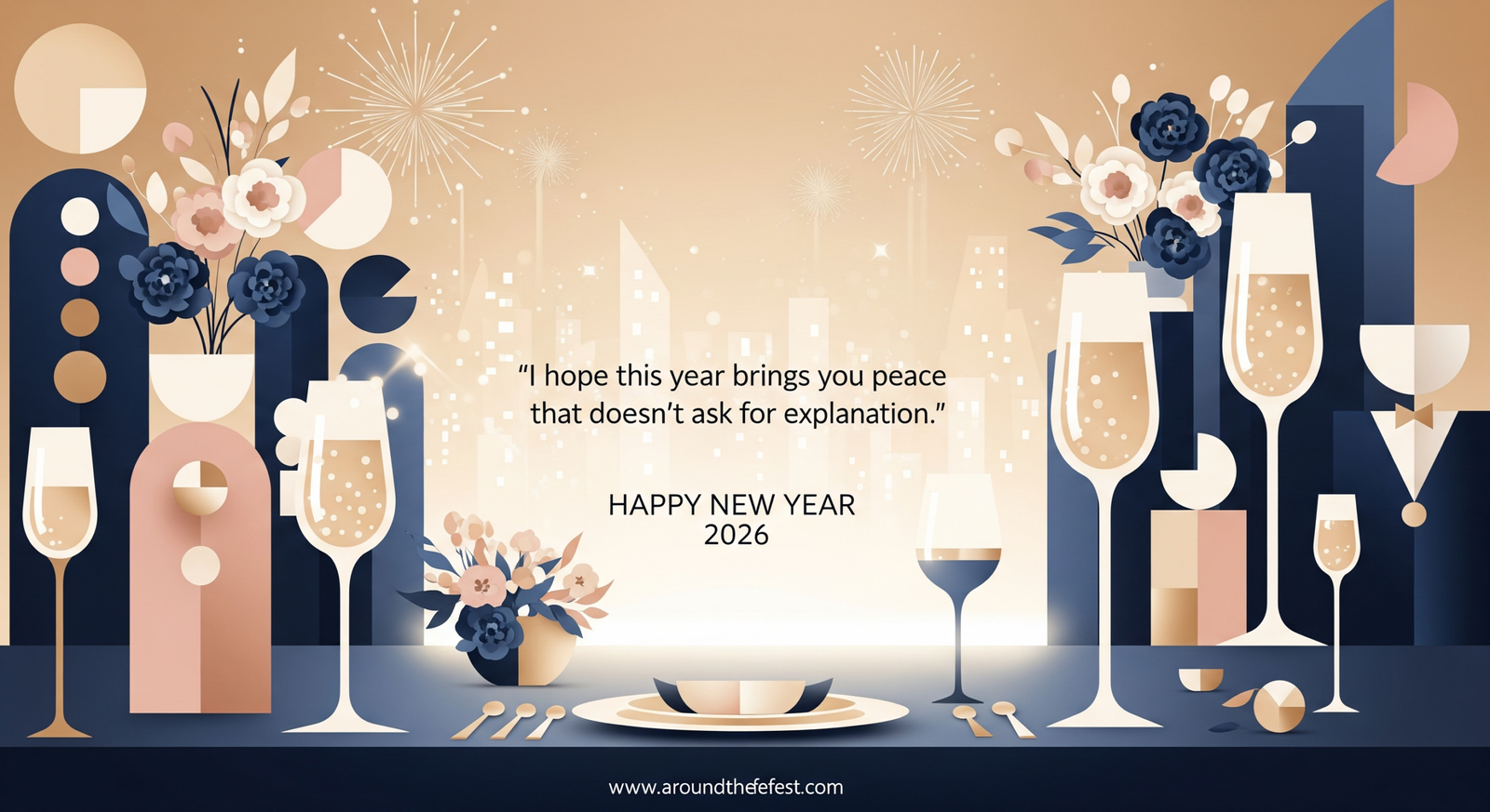 Elegant New Year 2026 celebration scene with refined decor, soft fireworks glow, people celebrating gracefully, and a peaceful New Year quote