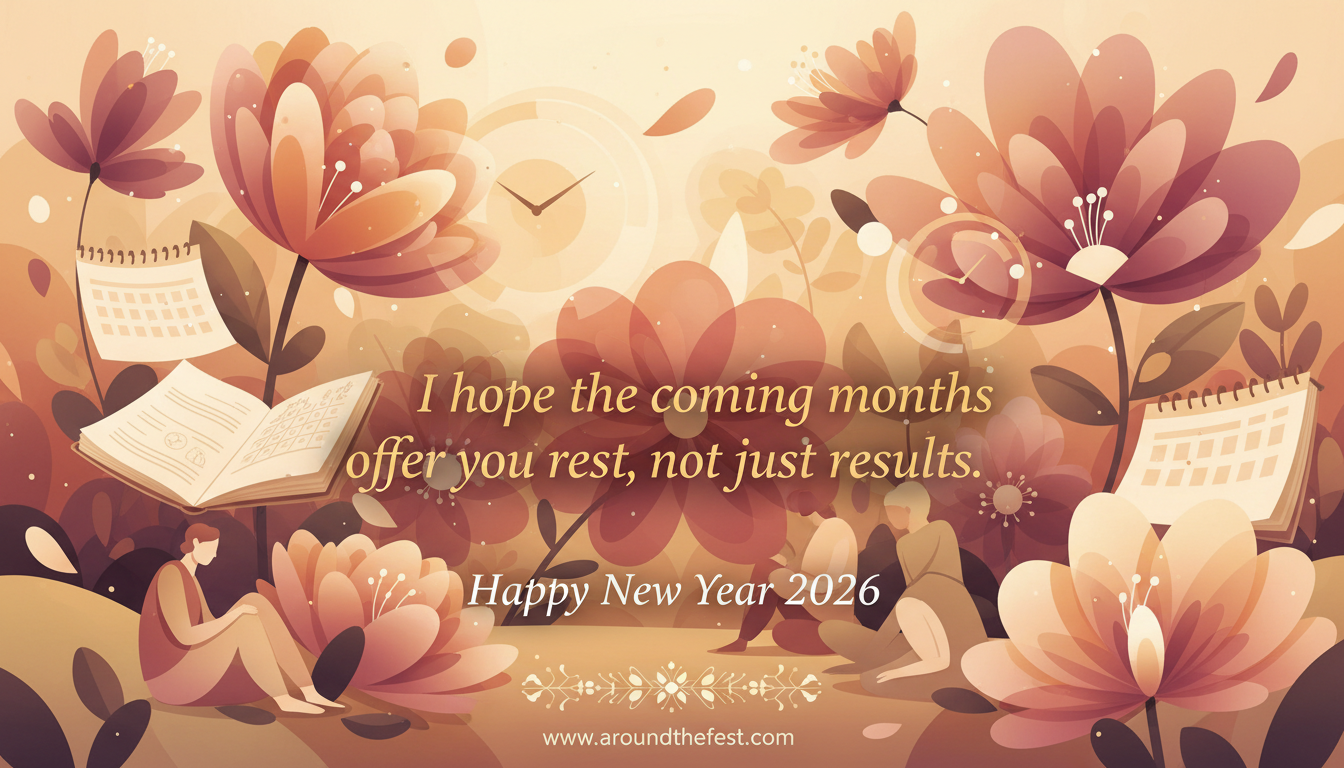FloralHappy New Year Wishes 2026 image with blooming flowers growing around calendars and time symbols, calm artistic style, and inspirational quote about rest and balance