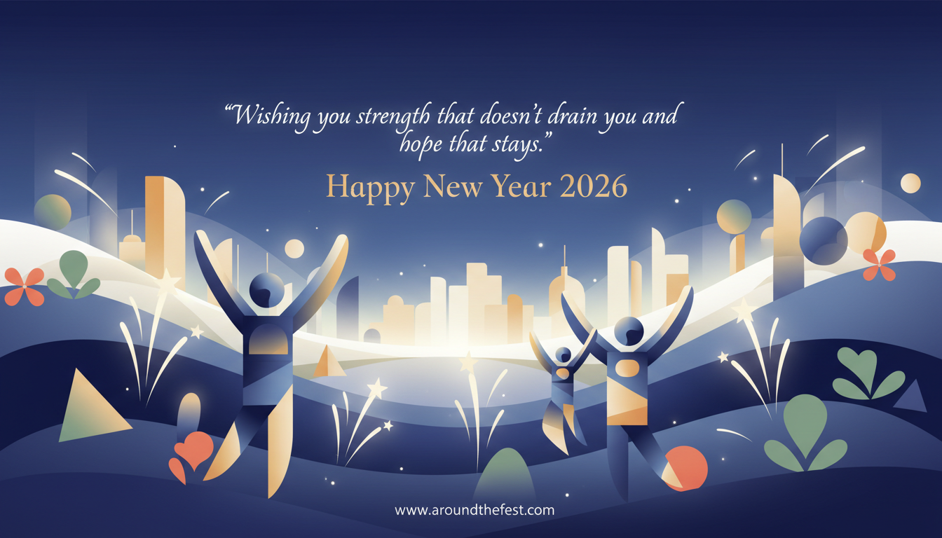 Elegant New Year 2026 celebration illustration with people welcoming the new year, soft fireworks, global festive elements, and an uplifting quote about strength and lasting hope