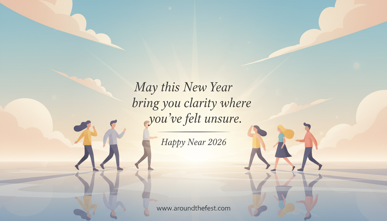 Bright Happy New Year Wishes 2026 image with animated-style people, glowing sunlight, uplifting atmosphere, and inspirational clarity quote symbolizing fresh beginnings