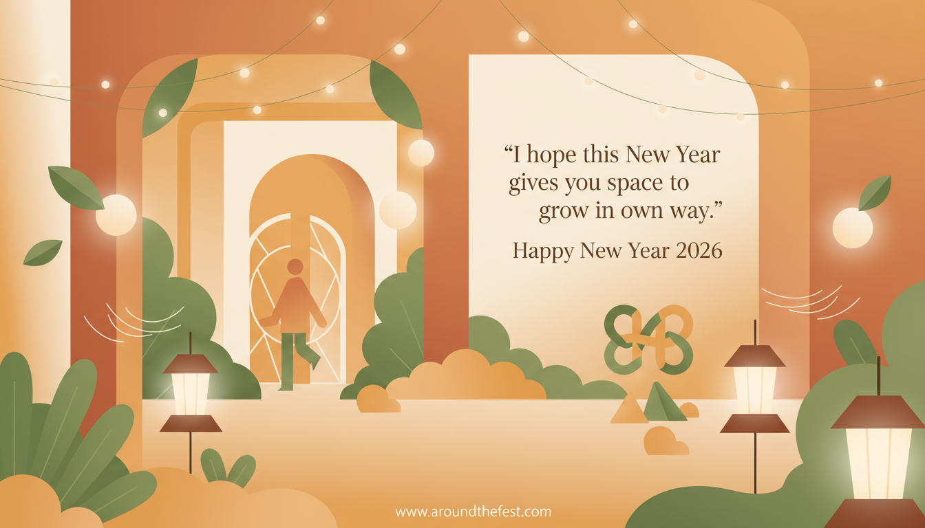 Elegant Happy New Year Wishes 2026 garden celebration scene with string lights, greenery, people enjoying their own space, and an inspirational quote about growing in your own way