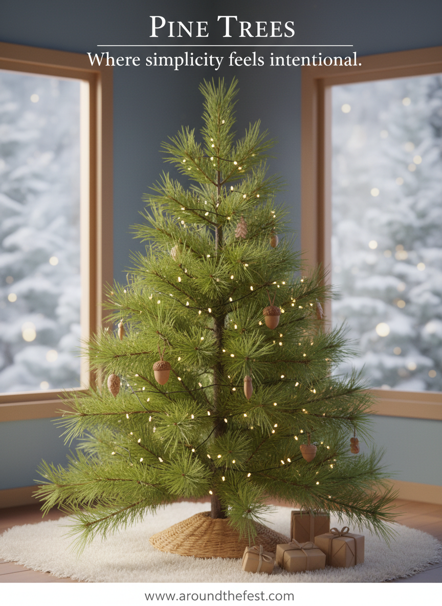 Pine tree used as a real Christmas tree with long needles and an open, airy shape.