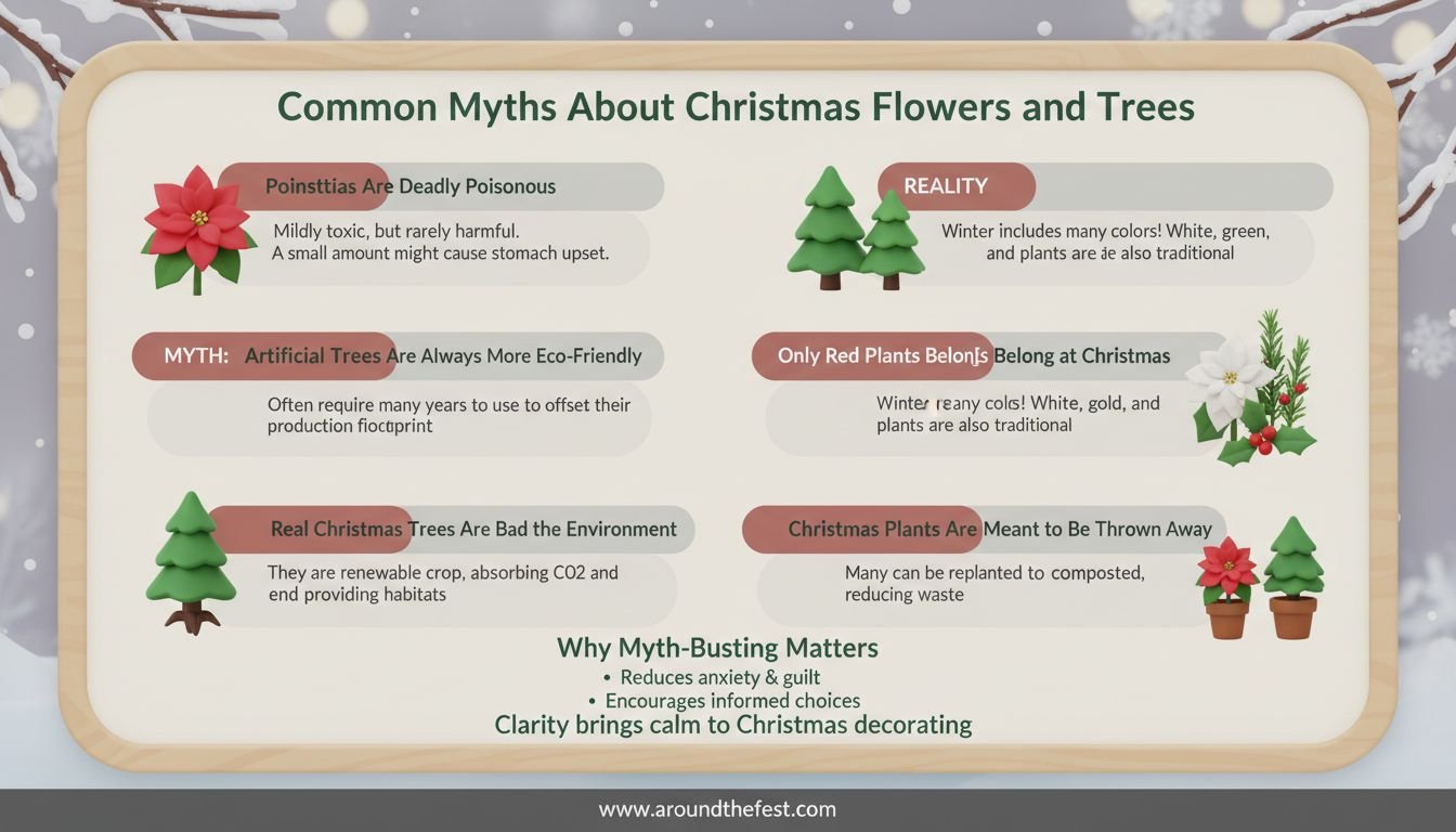 Infographic explaining common myths about Christmas flowers and trees, including poinsettias, tree sustainability, and holiday plant care.