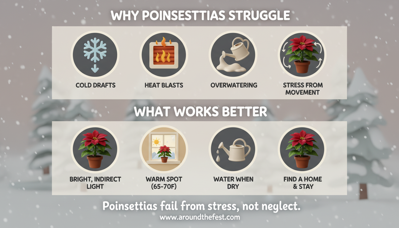 Infographic explaining why poinsettias struggle in homes and how to care for them properly.