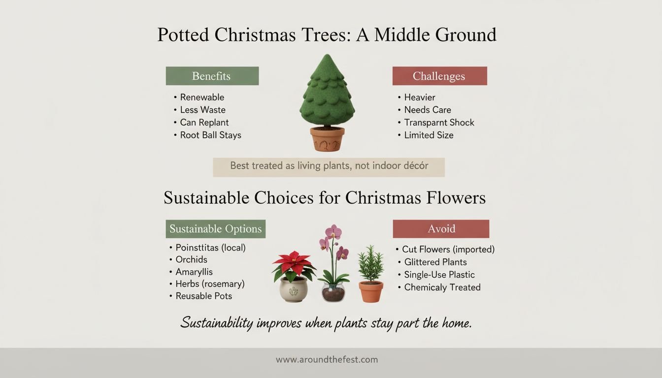 Infographic explaining potted Christmas trees as a middle ground and sustainable choices for Christmas flowers.