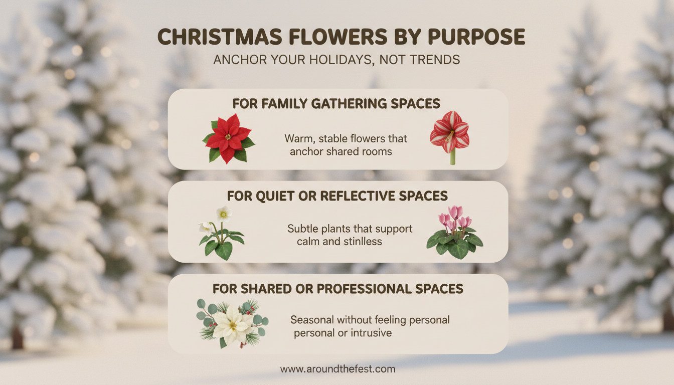 Infographic showing how to choose Christmas flowers based on purpose, including family, quiet, and professional spaces.