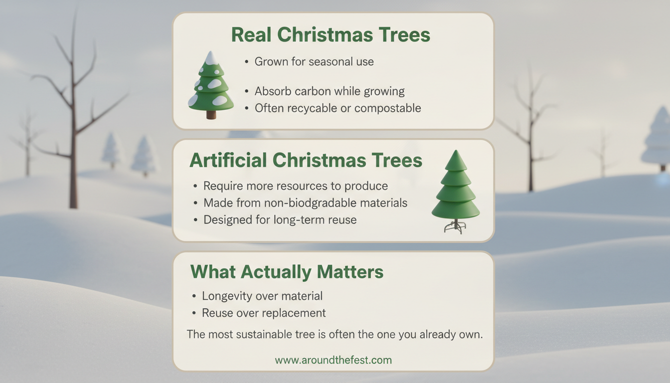 “Infographic comparing real and artificial Christmas trees and what matters most for sustainability.”