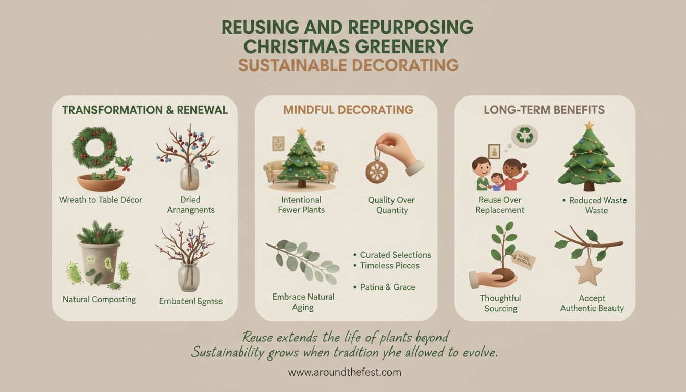Infographic explaining how to reuse Christmas greenery and decorate sustainably without sacrificing tradition.