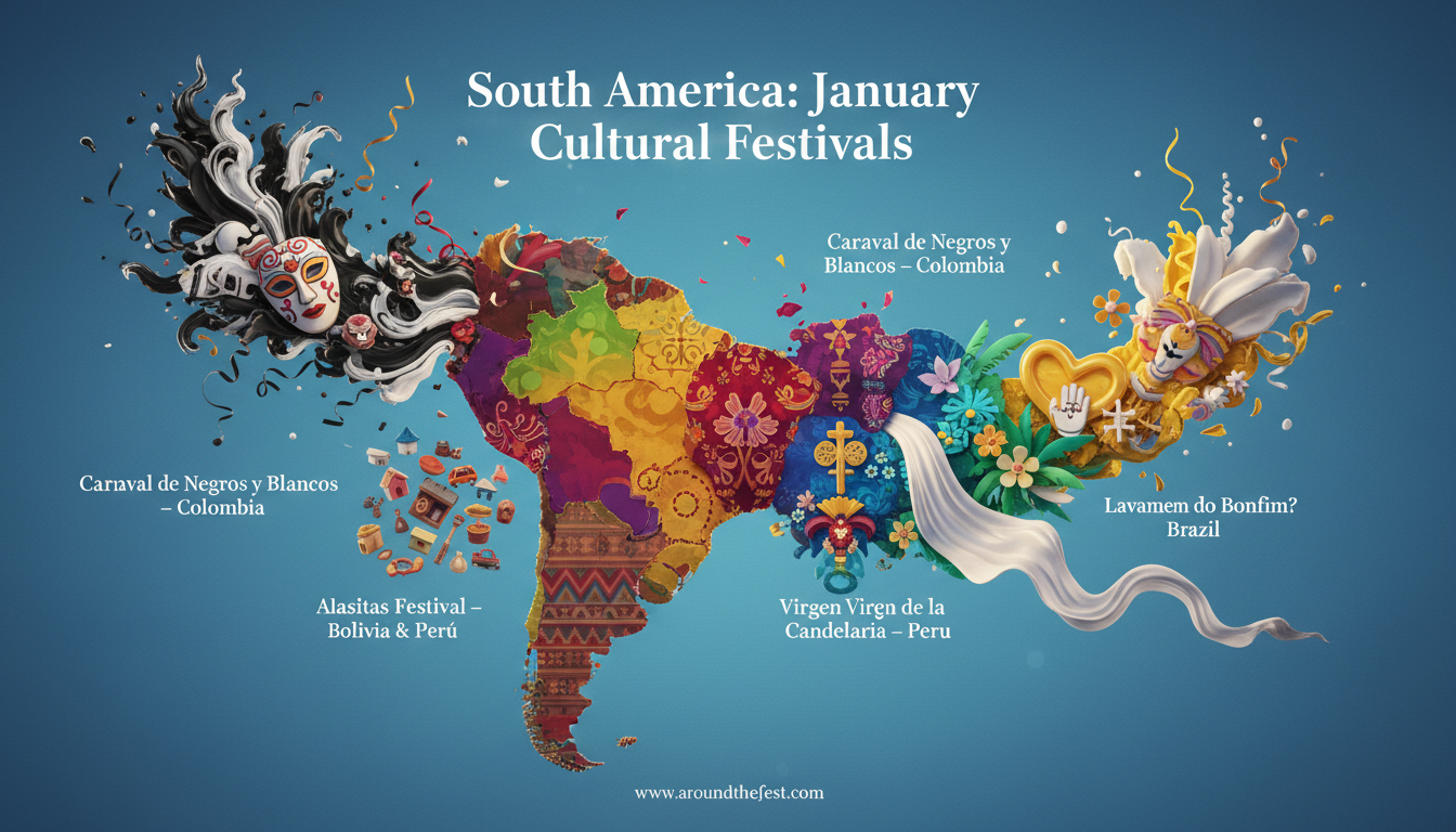 South America January Festivals 2026 illustration featuring Carnaval de Negros y Blancos, Alasitas Festival, Virgen de la Candelaria, and Lavagem do Bonfim with vibrant cultural symbols