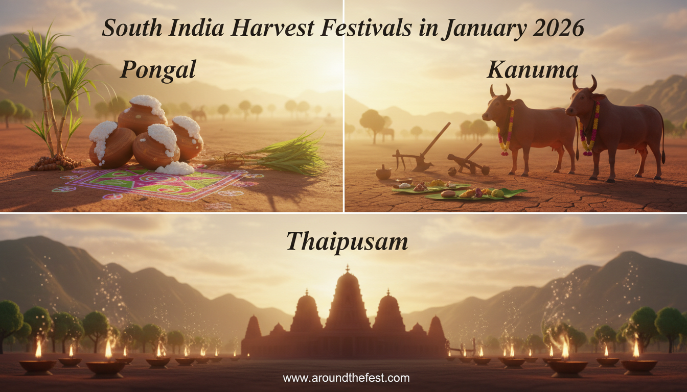 South India harvest festivals in January 2026 featuring Pongal, Kanuma, and Thaipusam traditions