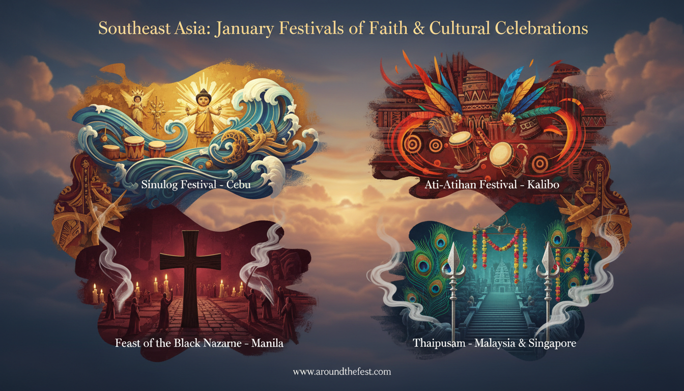 Southeast Asia January Festivals 2026 illustration featuring Sinulog Festival Cebu, Ati-Atihan Kalibo, Feast of the Black Nazarene Manila, and Thaipusam Malaysia and Singapore