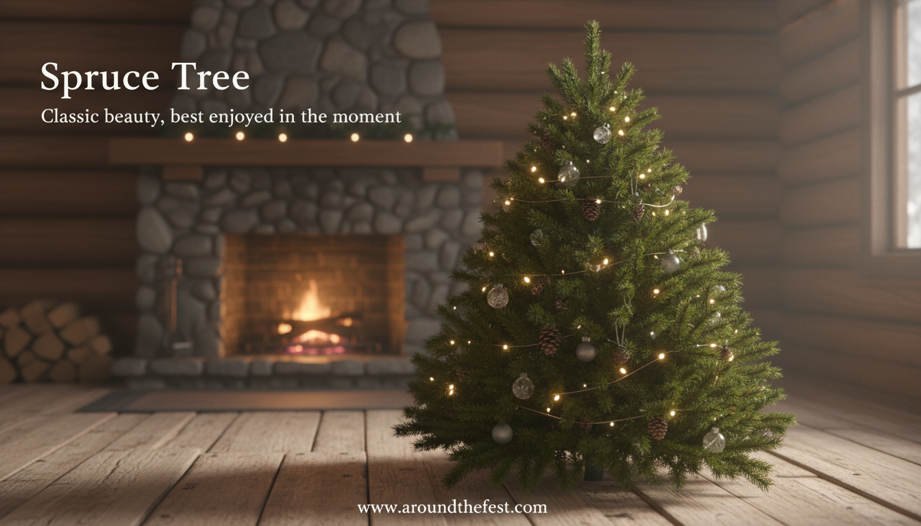 Spruce tree used as a real Christmas tree with a classic triangular shape and dense evergreen branches.