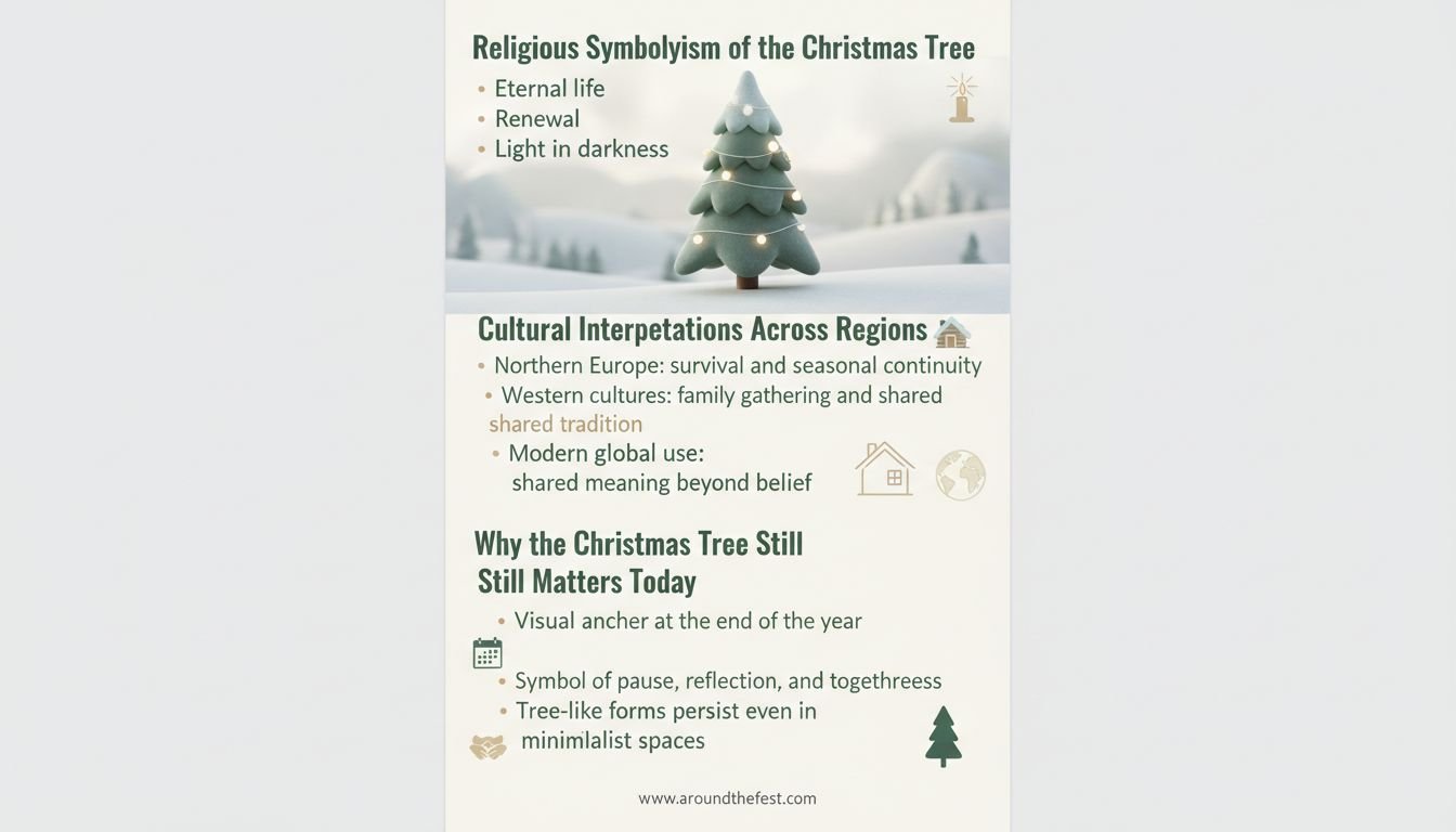 Infographic with headings explaining the religious, cultural, and modern symbolism of the Christmas tree.