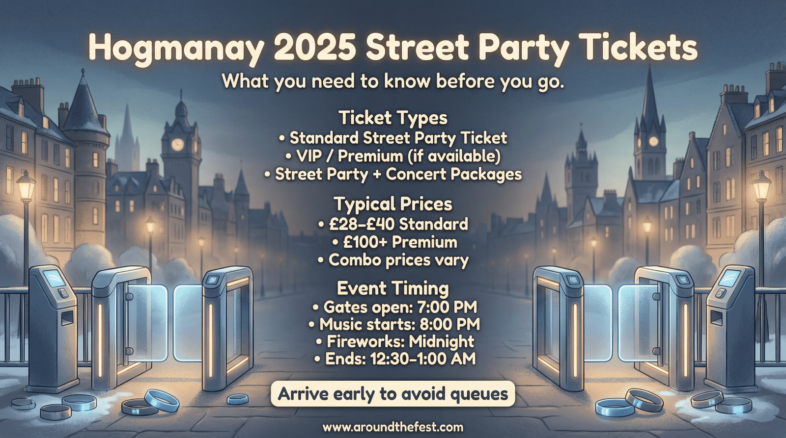 Street Party ticket types, prices, and event timing explained in a clean illustrated guide