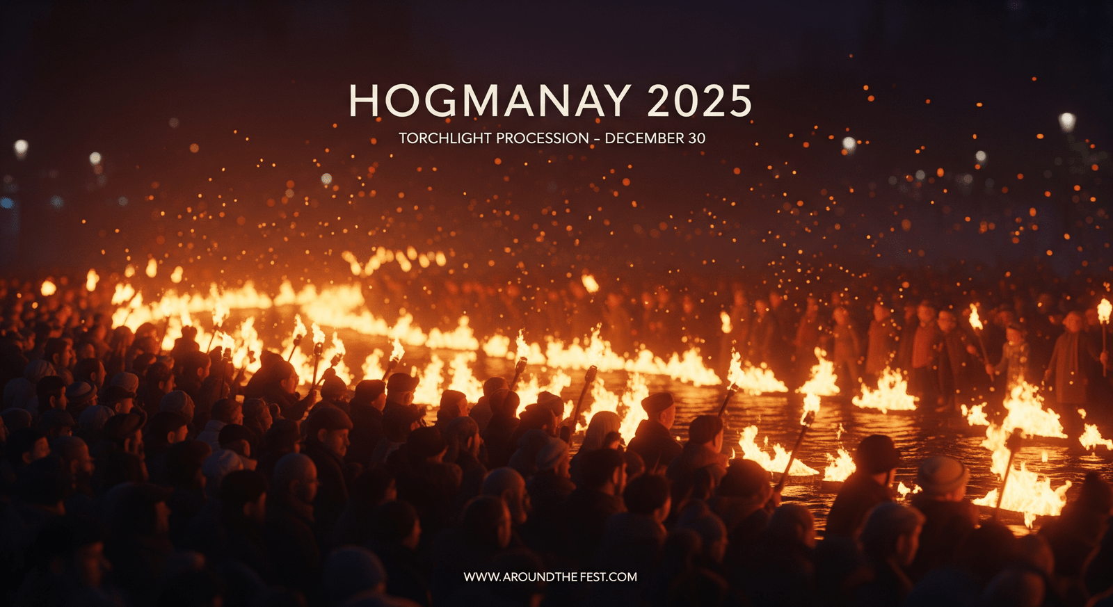 Hogmanay 2025 Torchlight Procession with crowds carrying flaming torches during the December 30 opening event