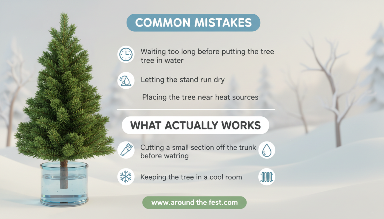 Infographic showing how to keep a real Christmas tree fresh longer, including watering and placement tips.