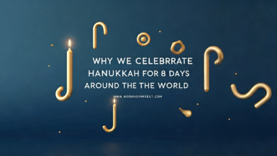 Featured banner showing eight glowing golden light shapes on a deep blue background, representing why we celebrate Hanukkah for 8 days around the world