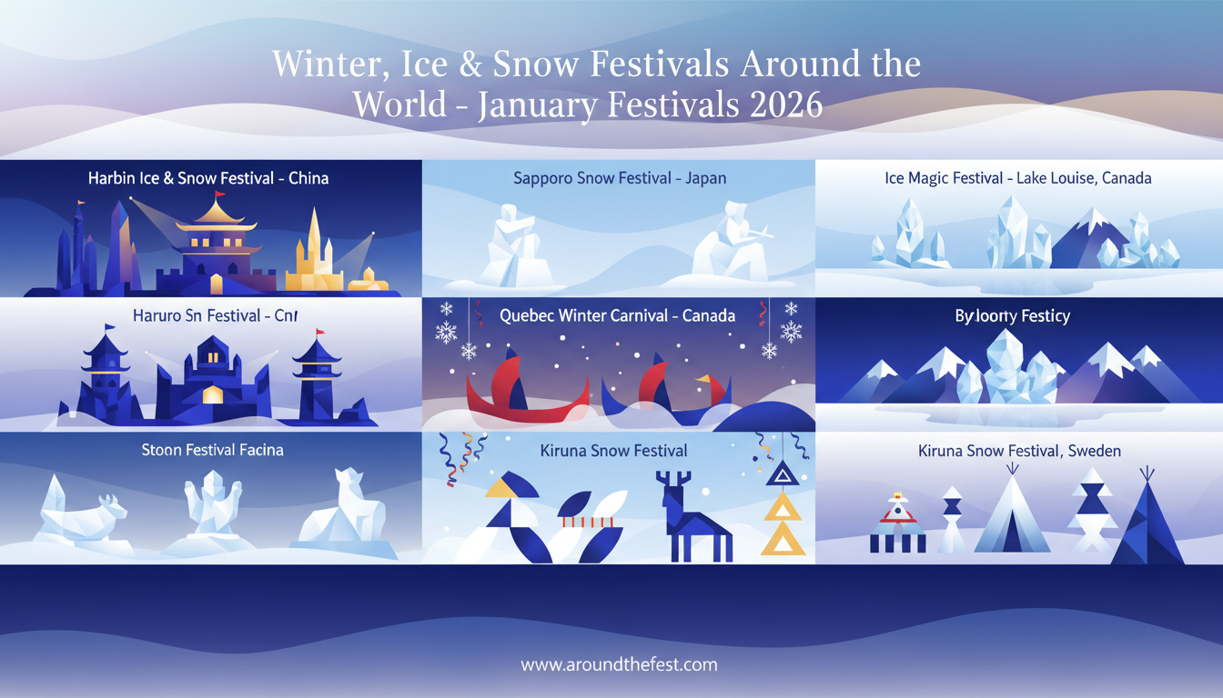 illustration featuring Harbin Ice Festival, Sapporo Snow Festival, Quebec Winter Carnival, Kiruna Snow Festival, and Ice Magic Lake Louise