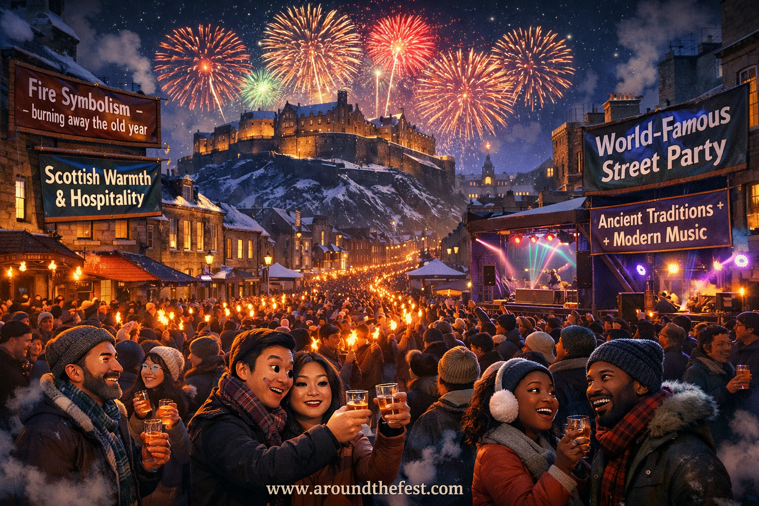 Hogmanay 2025 global New Year celebration in Edinburgh with written highlights showing fire traditions, street party, Scottish hospitality, and ancient customs