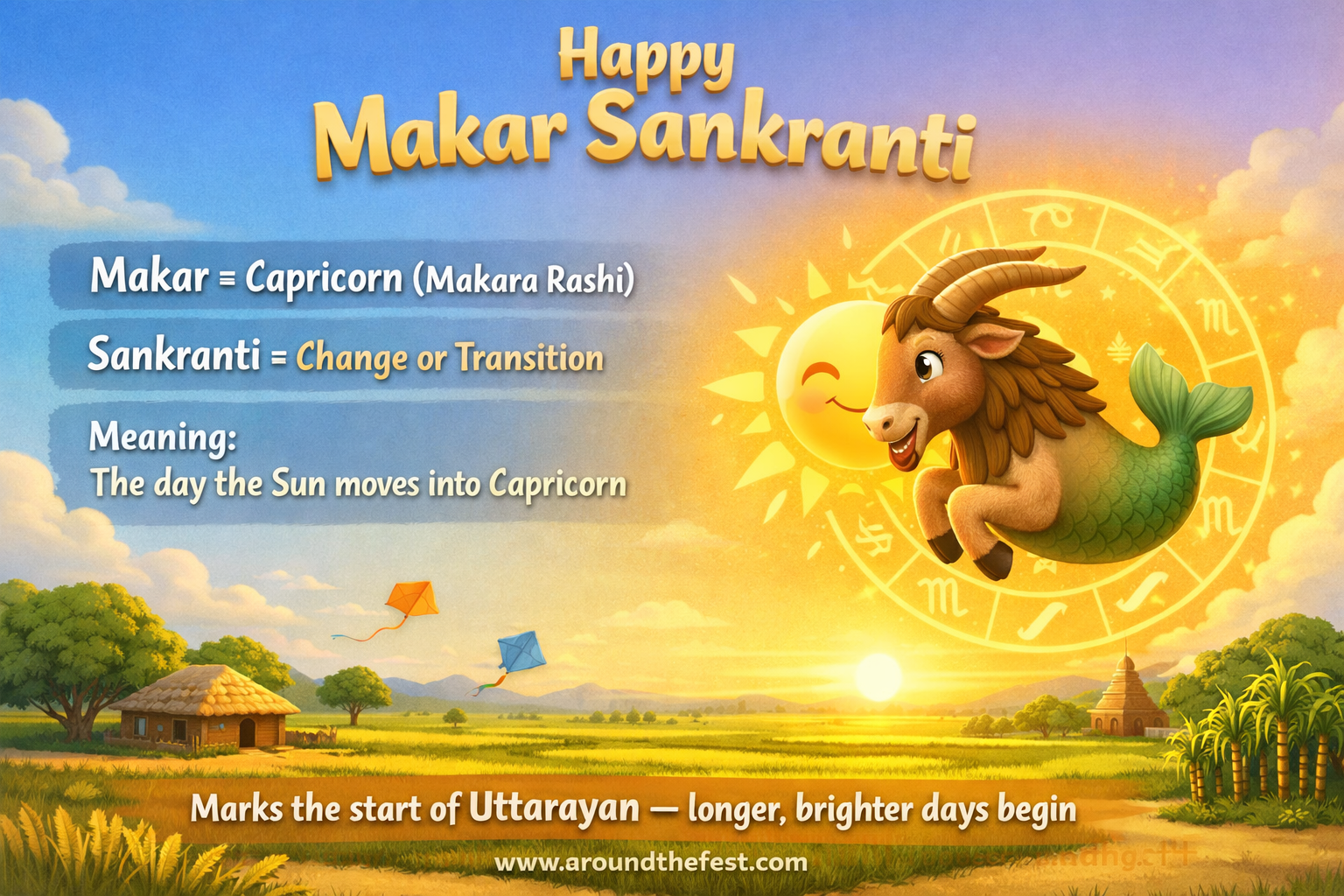 Happy Makar Sankranti infographic explaining the meaning of the festival, showing the Sun entering Capricorn, the start of Uttarayan, and longer, brighter days.
