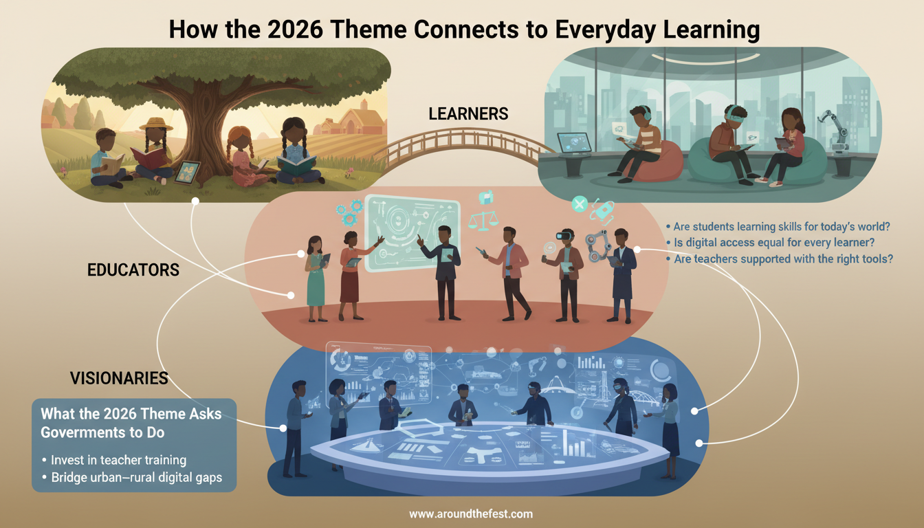 2026 theme showing students, teachers, and digital learning connected to everyday education challenges worldwide