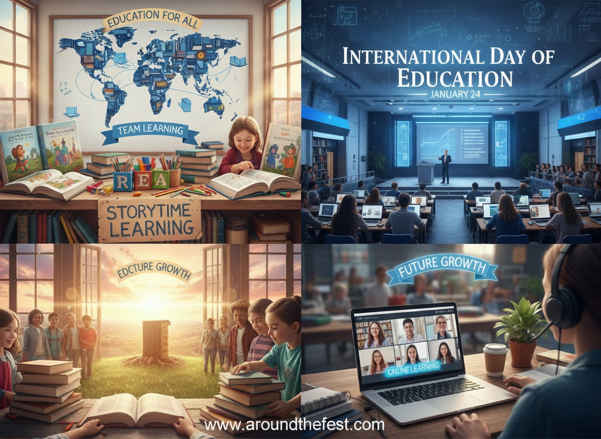 Educational infographic for International Day of Education, wide 16:9 poster, center world map made of books and school supplies, theme of learning and future, classroom objects only, no people, sections showing school desks, storybooks and toys, world map board with notebooks, university lecture hall with podium and screen, laptop with online class, open book with light rising, soft blue and warm colors, clean modern design, printable quality
