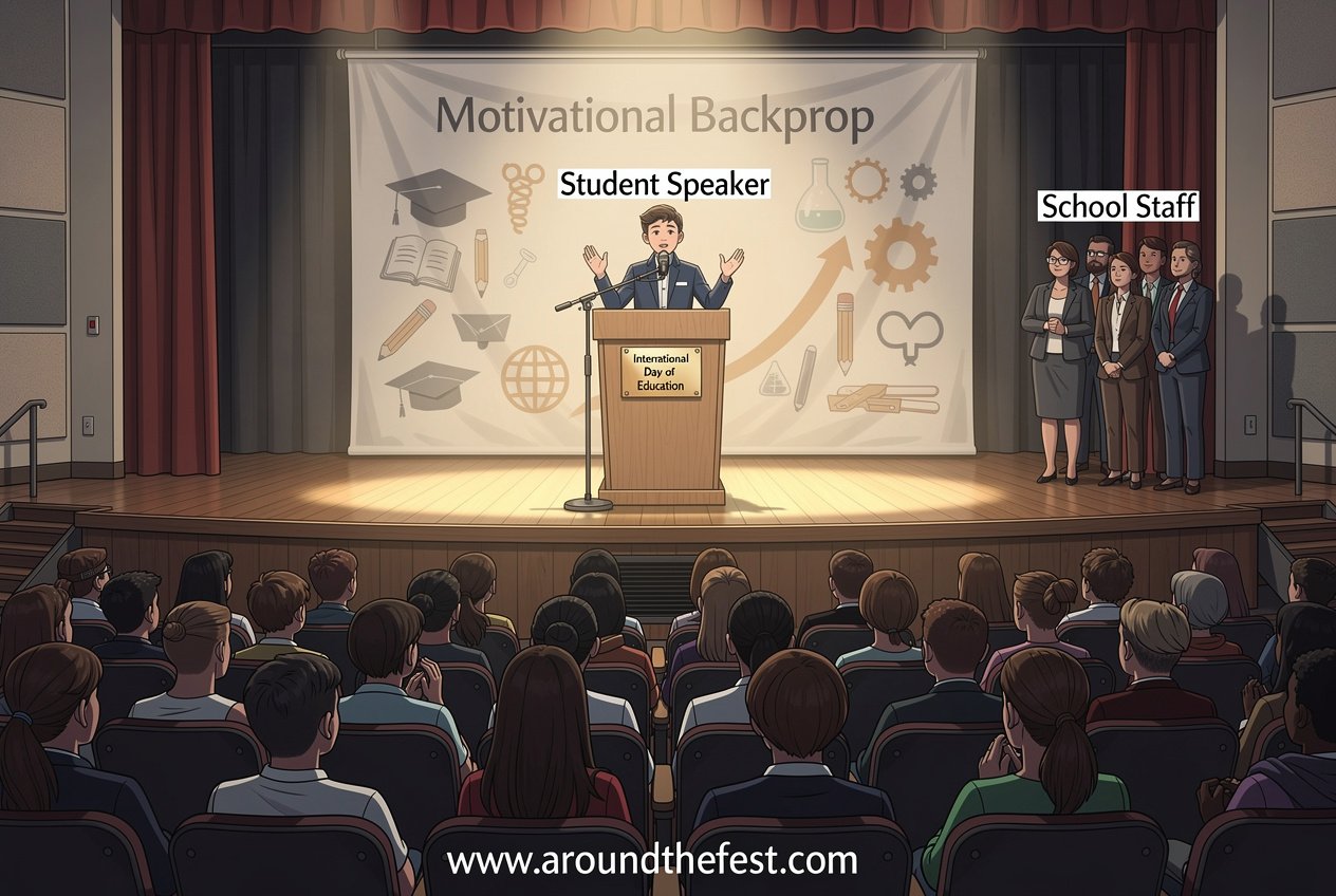 Middle or high school student delivering a motivational speech on stage while classmates listen attentively in assembly.