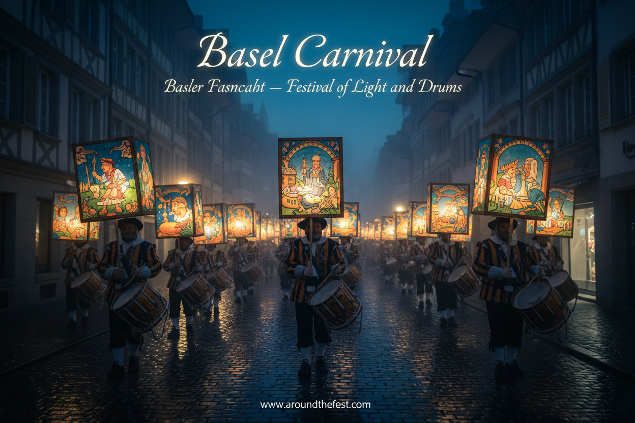Basel Carnival Basler Fasnacht night procession in February 2026 with glowing lanterns and masked drummers in dark city streets