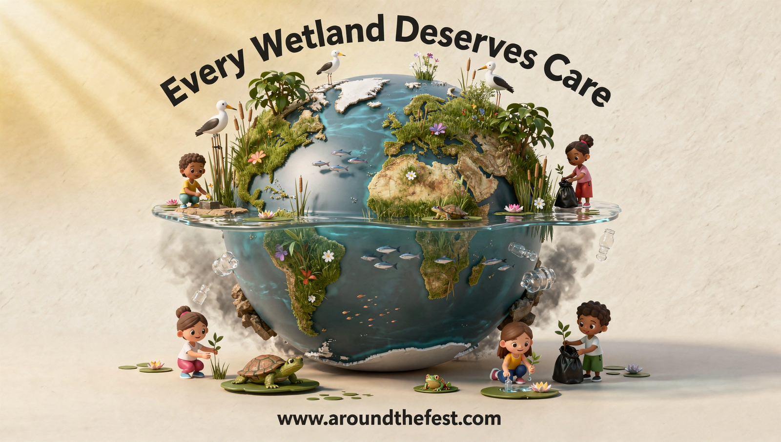“Every Wetland Deserves Care” poster featuring children planting and caring for a global wetland ecosystem