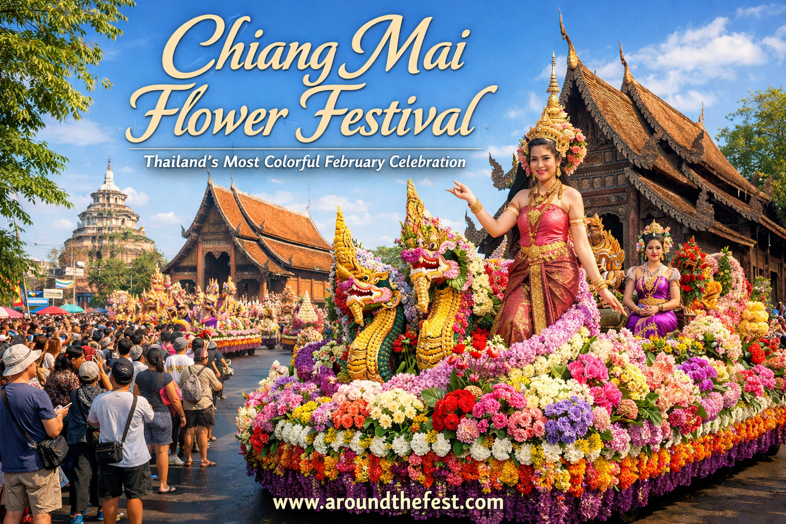 Chiang Mai Flower Festival in February 2026 with colorful floral floats, Thai dancers, and flower-filled parade through the Old City