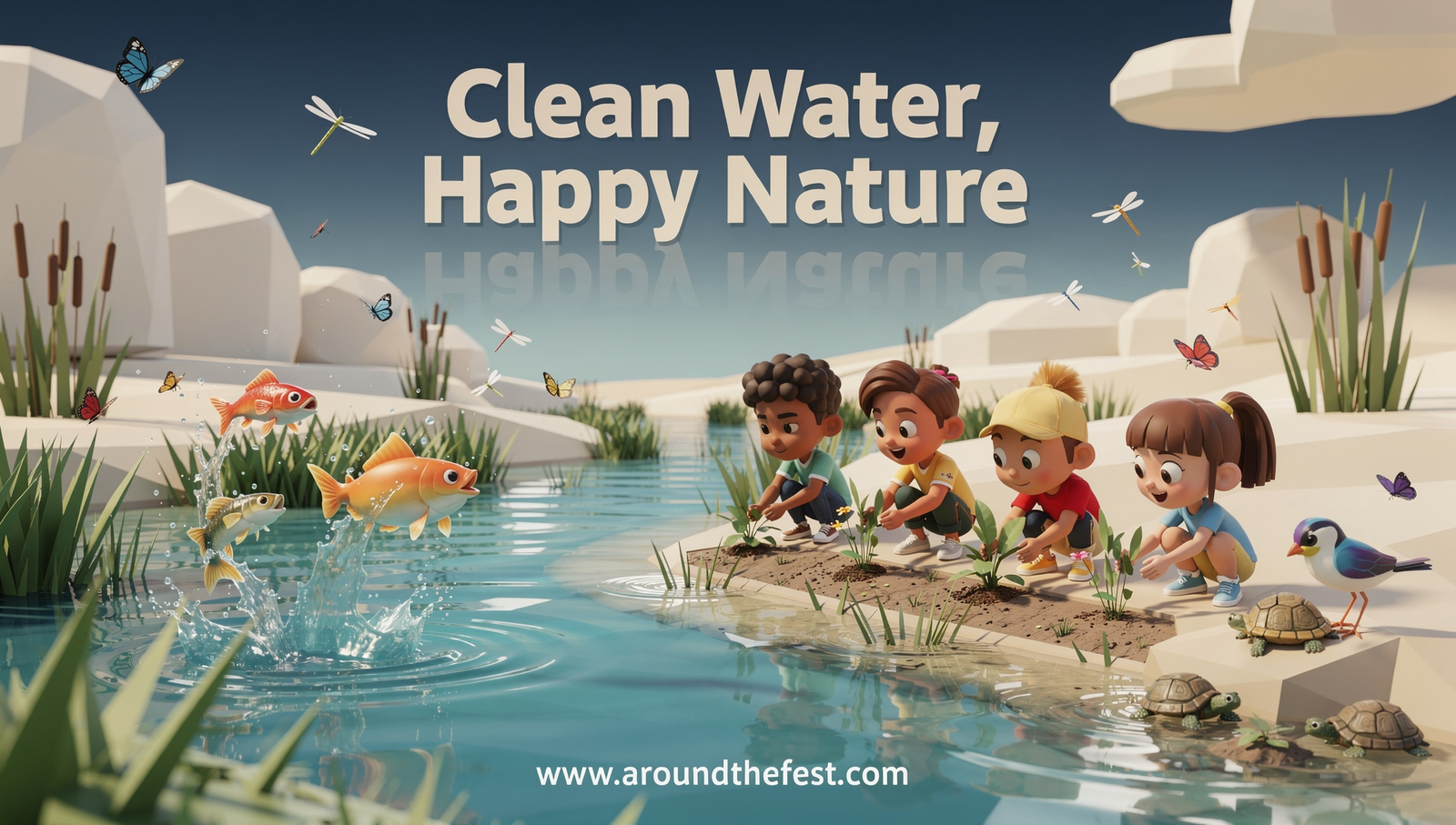 “Clean Water, Happy Nature” poster featuring children planting along a sparkling wetland river with thriving wildlife