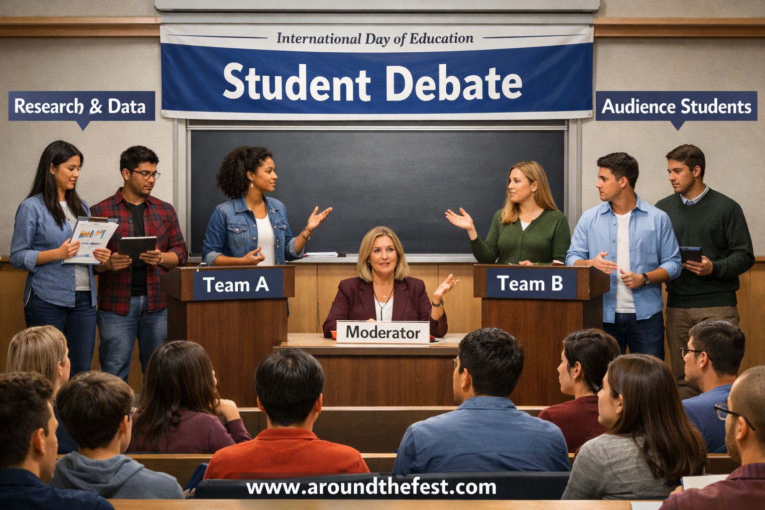 ollege students participating in a classroom debate on education topics during International Day of Education, with teams presenting arguments and a teacher moderating the discussion