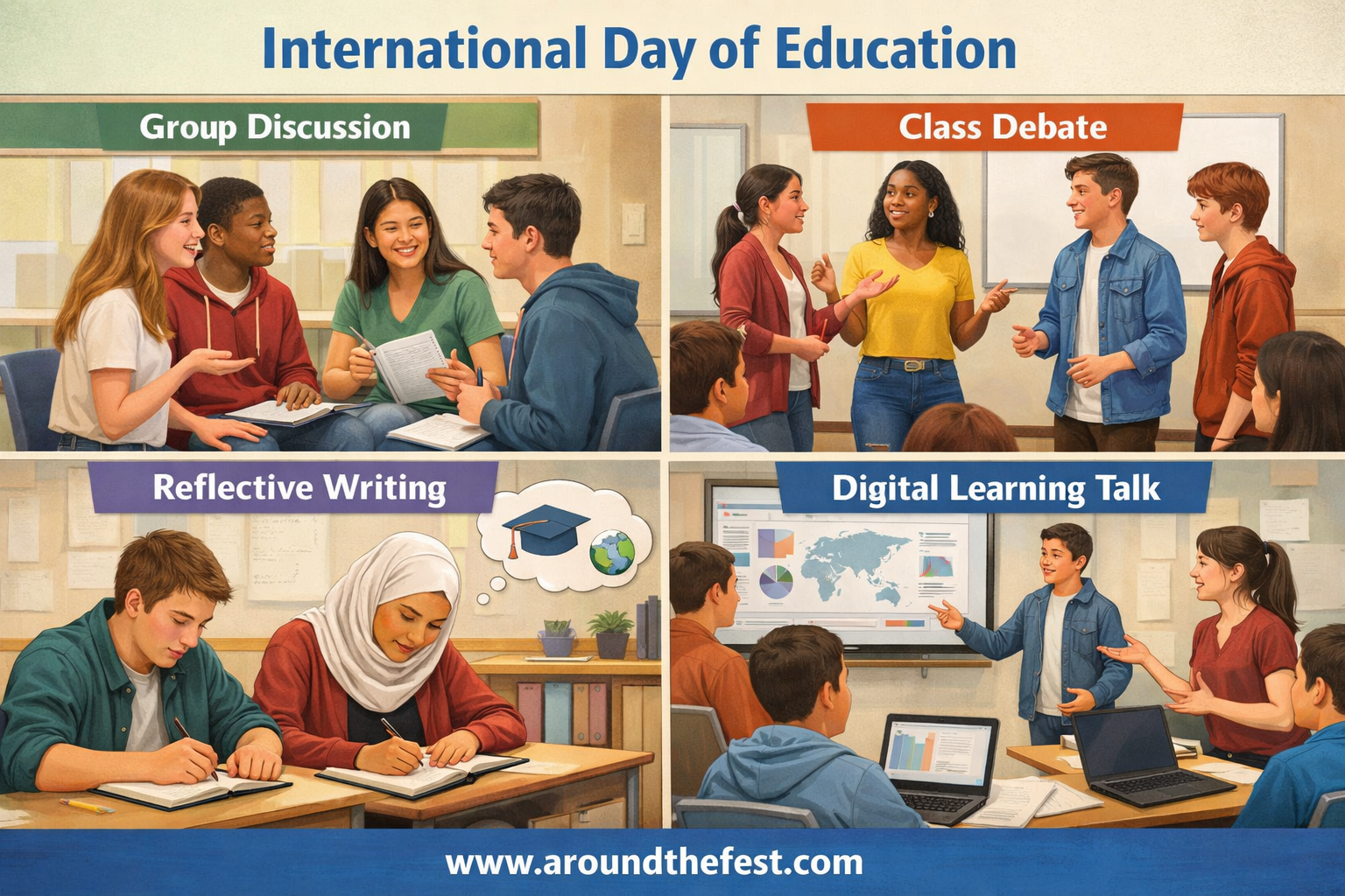 Split-screen classroom image showing high-school students in group discussion, class debate, reflective writing, and digital learning conversation during International Day of Education activities.