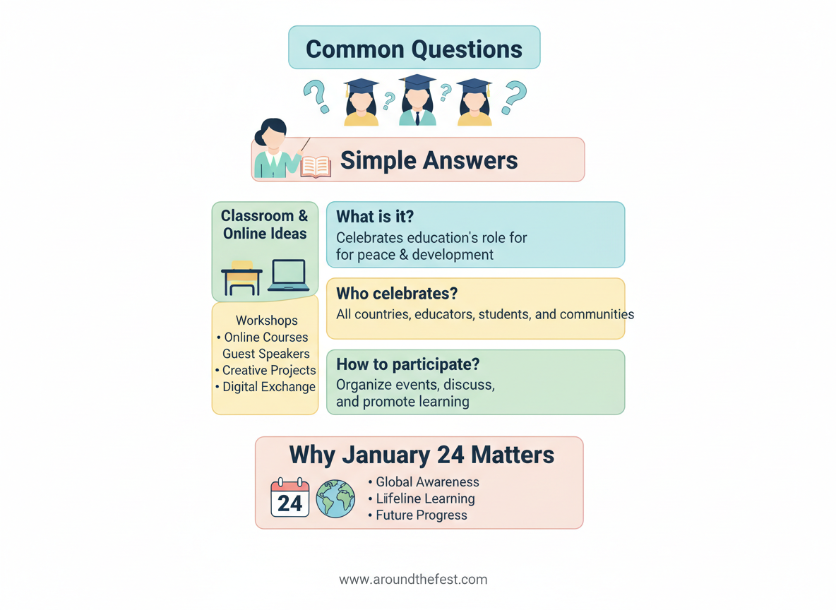 Grid-style FAQ poster showing questions, answers, activity ideas, and January 24 awareness 
