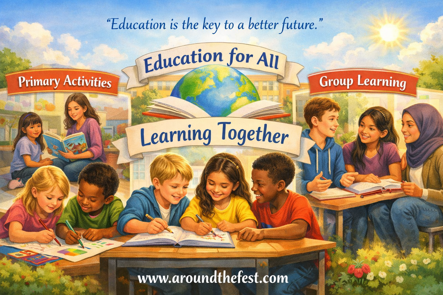 Featured banner showing school students learning together with a quote about education and global symbols for International Day of Education activities.