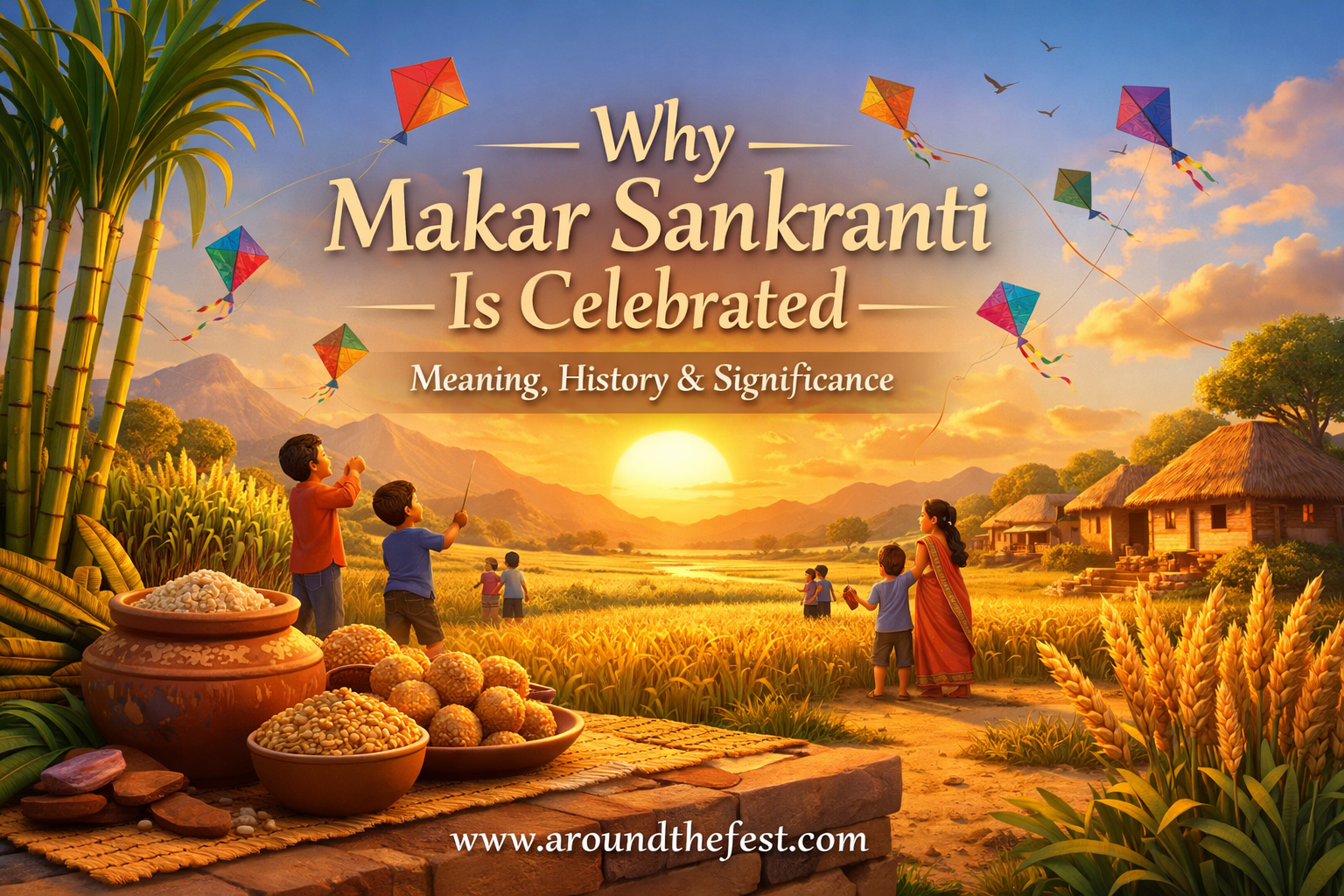 Why Makar Sankranti is celebrated banner showing kite flying, harvest fields, traditional foods, and the rising Sun symbolizing meaning, history, and significance.