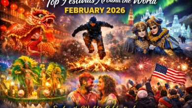 Global festivals in February 2026 including Lunar New Year, Carnival, Rio Carnival, winter festivals, and Holi celebrations