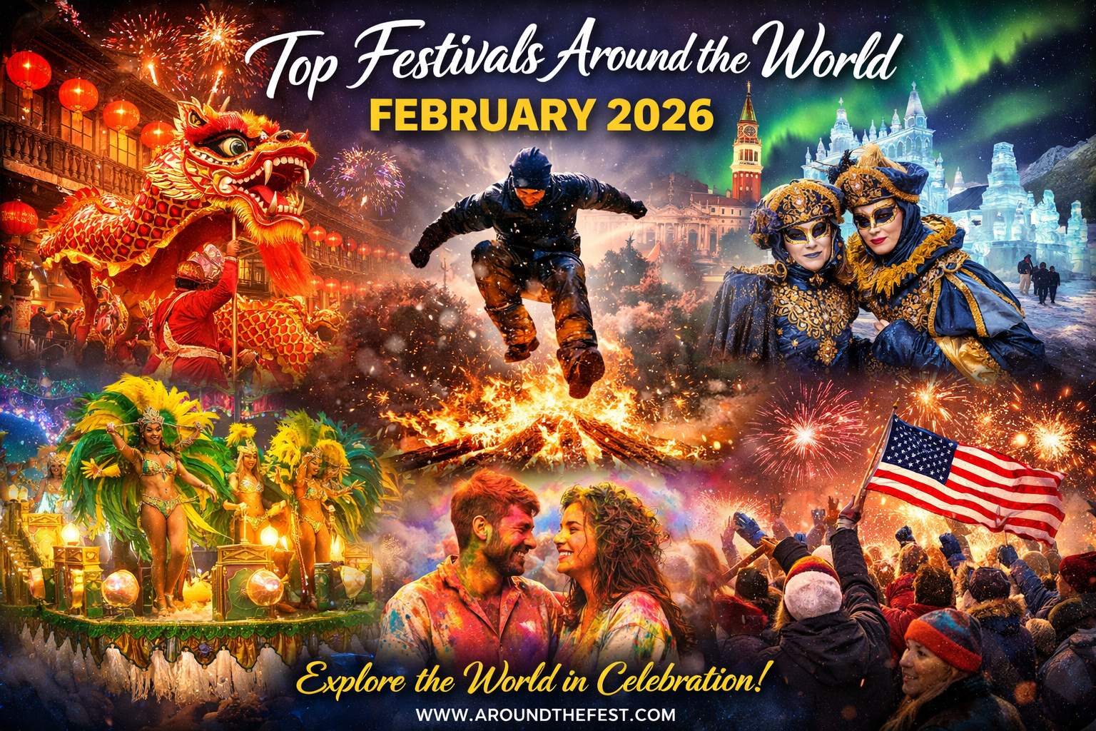 Global festivals in February 2026 including Lunar New Year, Carnival, Rio Carnival, winter festivals, and Holi celebrations