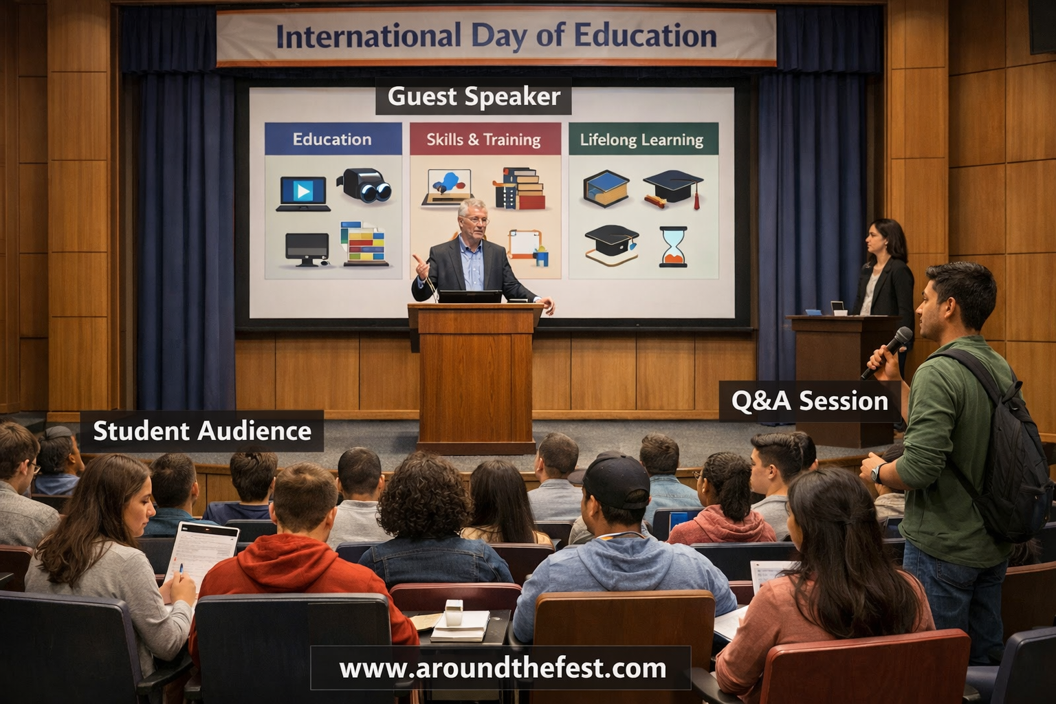 Guest speaker giving a career-focused lecture to college students with slides on education and career pathways during International Day of Education.