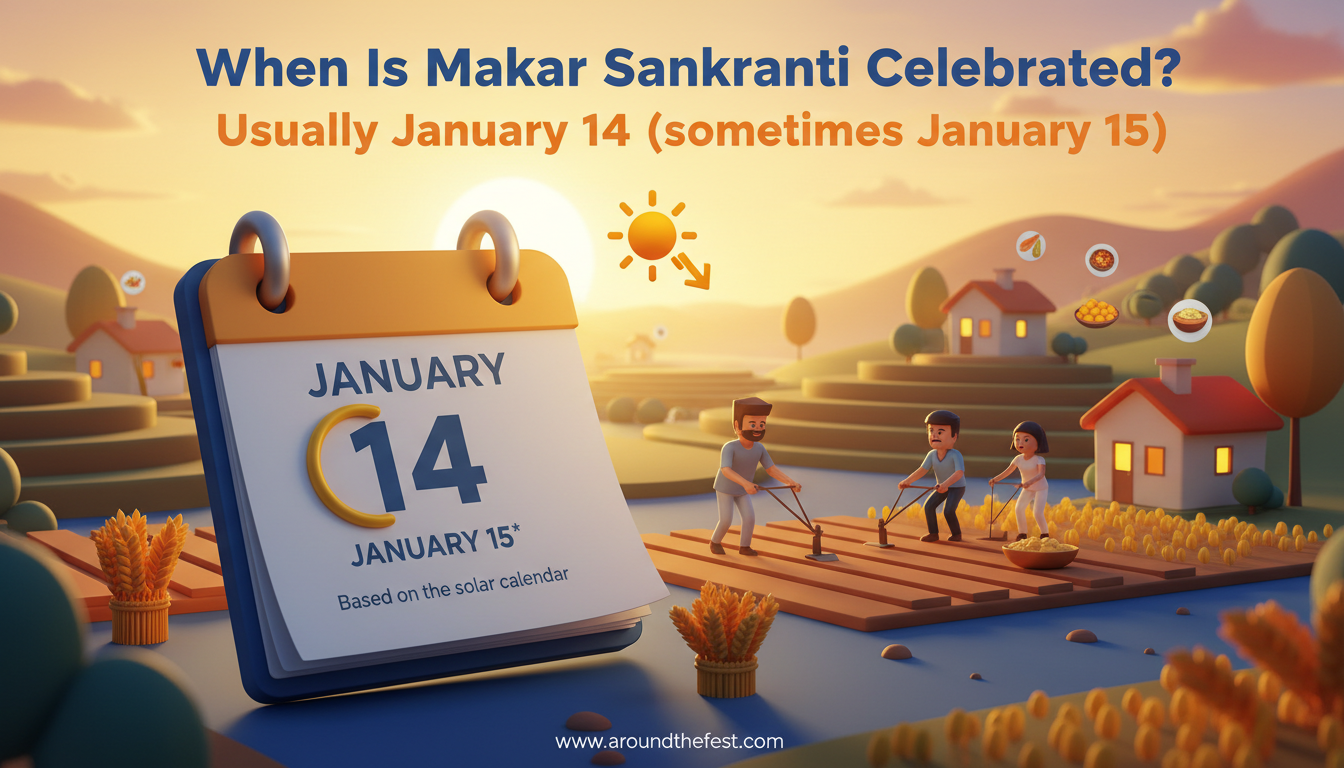 Makar Sankranti date infographic showing January 14 highlighted, solar calendar reference, and seasonal transition in India.