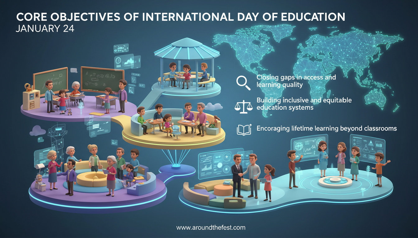 Core objectives of International Day of Education January 24 highlighting equality, access, and lifelong learning