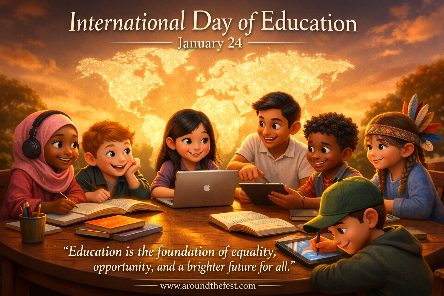 International Day of Education January 24 showing global students learning together with a message of equality and opportunity