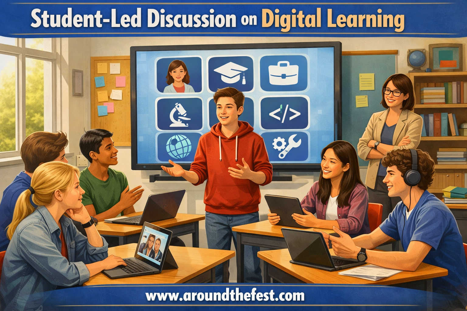 High school students leading discussion about online education and digital learning during International Day of Education activities