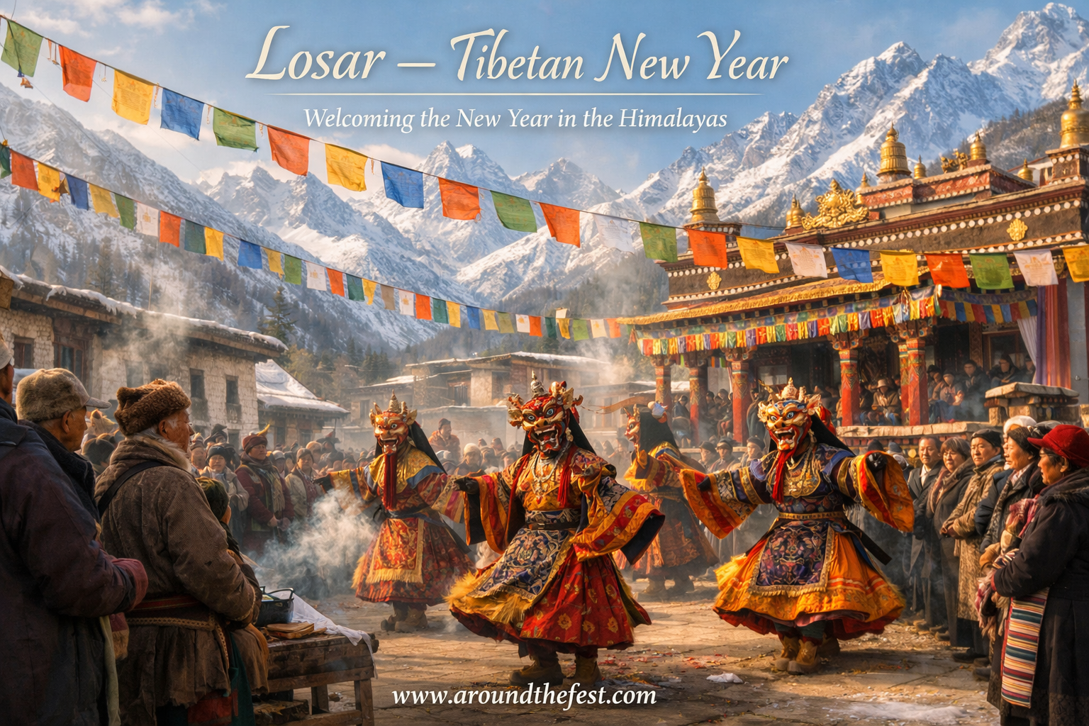 Losar Tibetan New Year celebration in the Himalayas with monks performing masked dances at a monastery decorated with prayer flags in February 2026