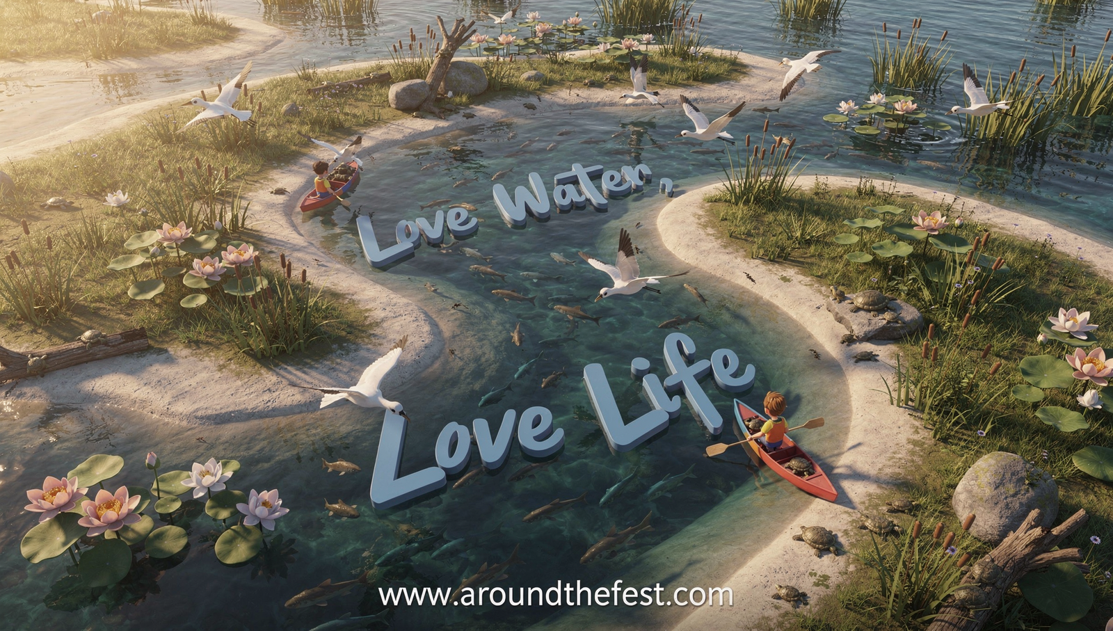 “Love Water, Love Life” poster featuring a diverse wetland ecosystem from above, with turtles, lotus flowers, and flying birds