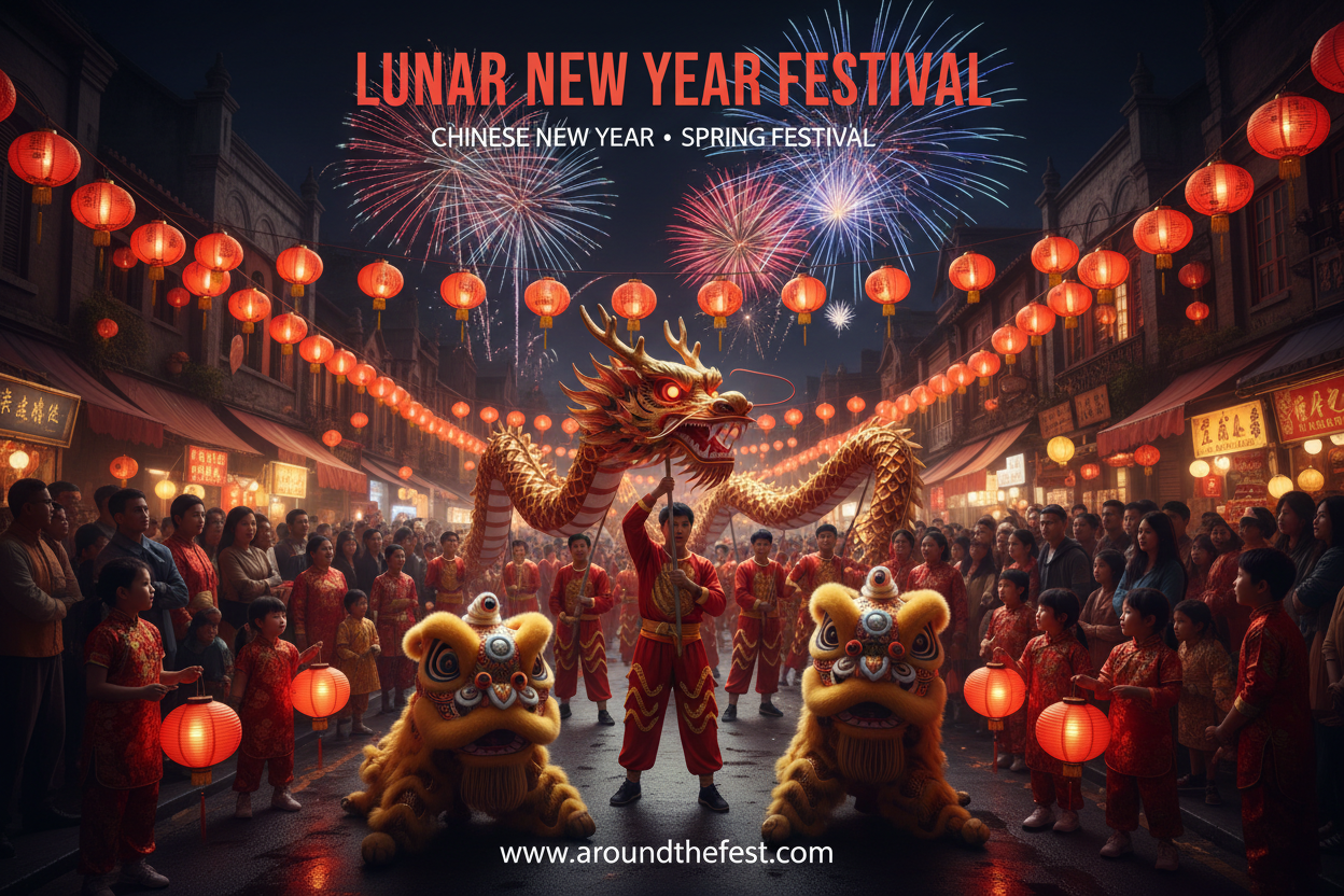 Lunar New Year Festival poster showing dragon dance, red lanterns, fireworks, and crowds celebrating Chinese New Year in February 2026